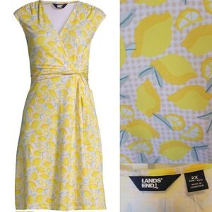 $70 NEW LEMON PRINT 2X STRETCH YELLOW MIDI DRESS LIFE GIVES YOU LEMONS NWT